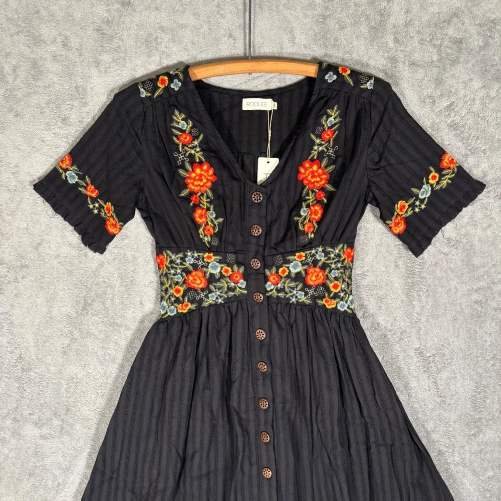 ROOLEE Black Floral Embroidered Cotton Button Front Midi Dress XXS NWT Cottage - Picture 5 of 14